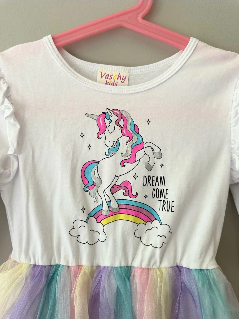 Vaschy Kids Unicorn Rainbow Tulle Dress Size 5T, White Multi